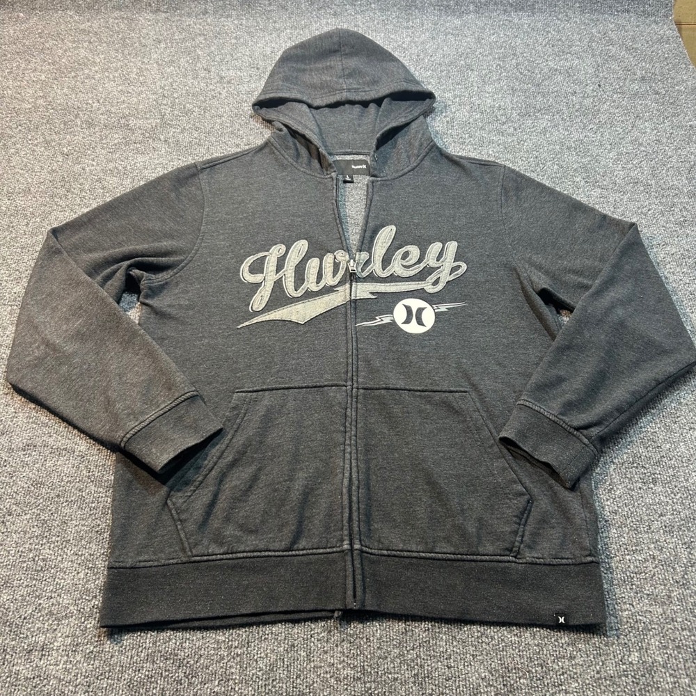 Hurley Mens Full Zip Hoodie Gray Logo Fleece Jacket Large - Picture 2 of 8